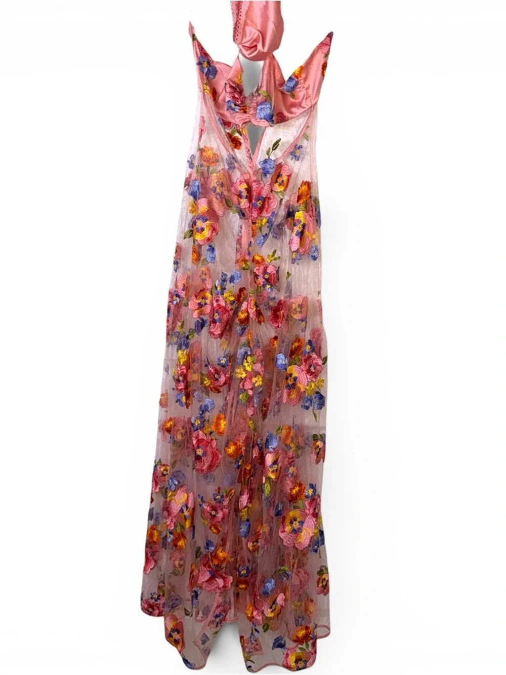 For Love & Lemons Pink Floral Maxi Dress with Multicolor Embroidery